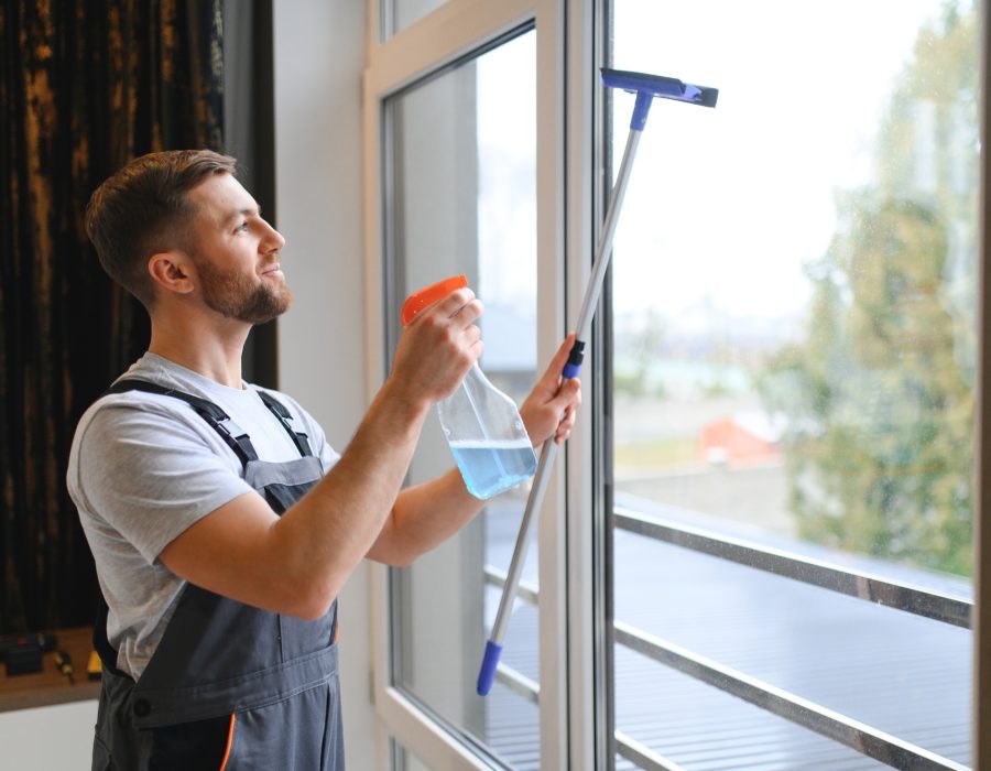 Male professional cleaning service worker in overalls cleans the windows and shop windows